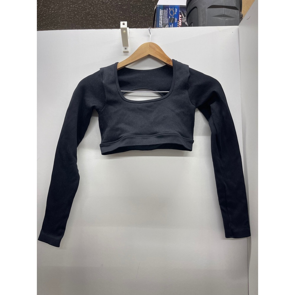 Black Ribbed Long Sleeve Shrug Crop Top Cutout Back Athletic Activewear